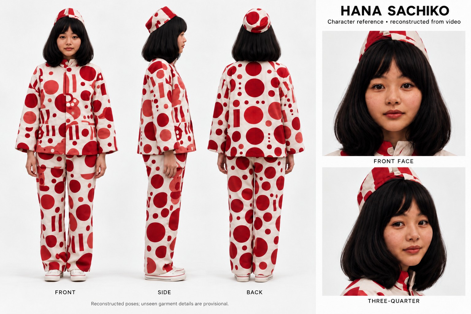 Hana Sachiko character reference: front, side and back views with face close-ups
