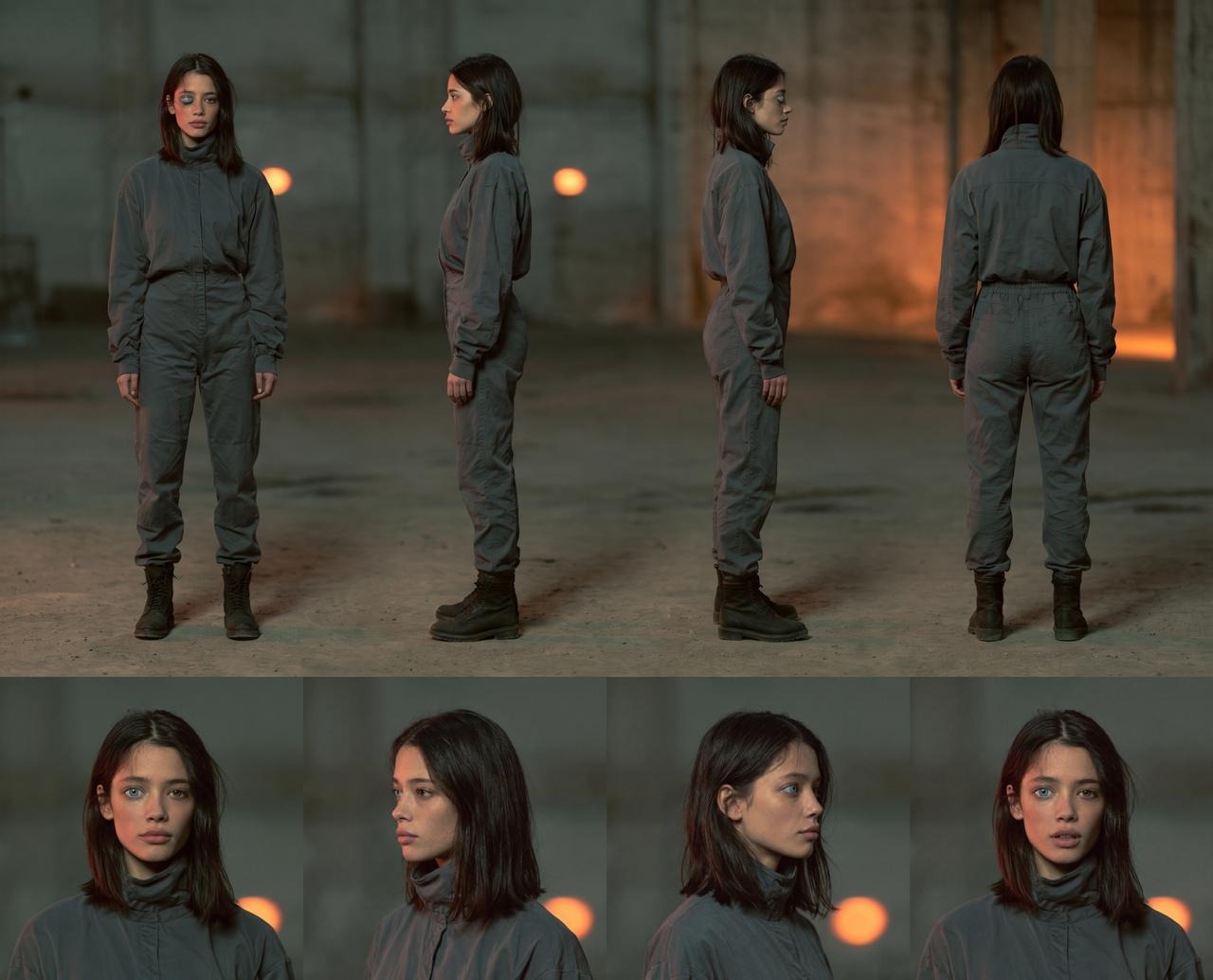 Character turnaround and facial expressions, photoreal style