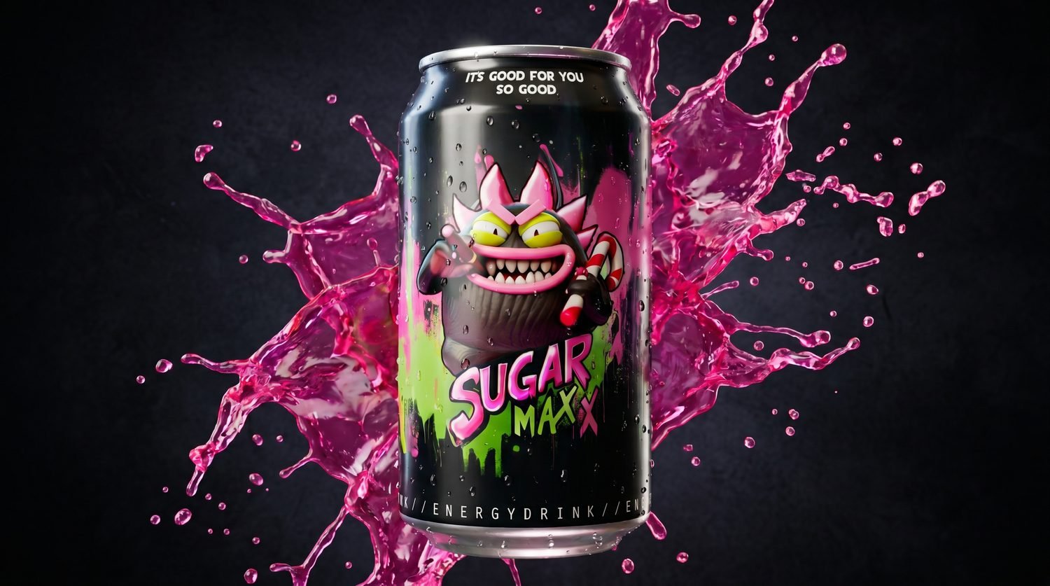 A can of SugarMaxX bursting through a pink splash