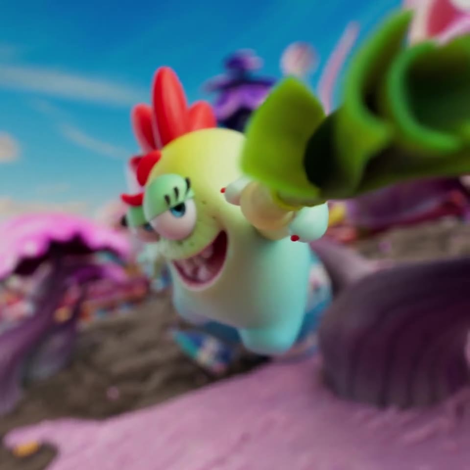 Gloops characters charging across a pink landscape