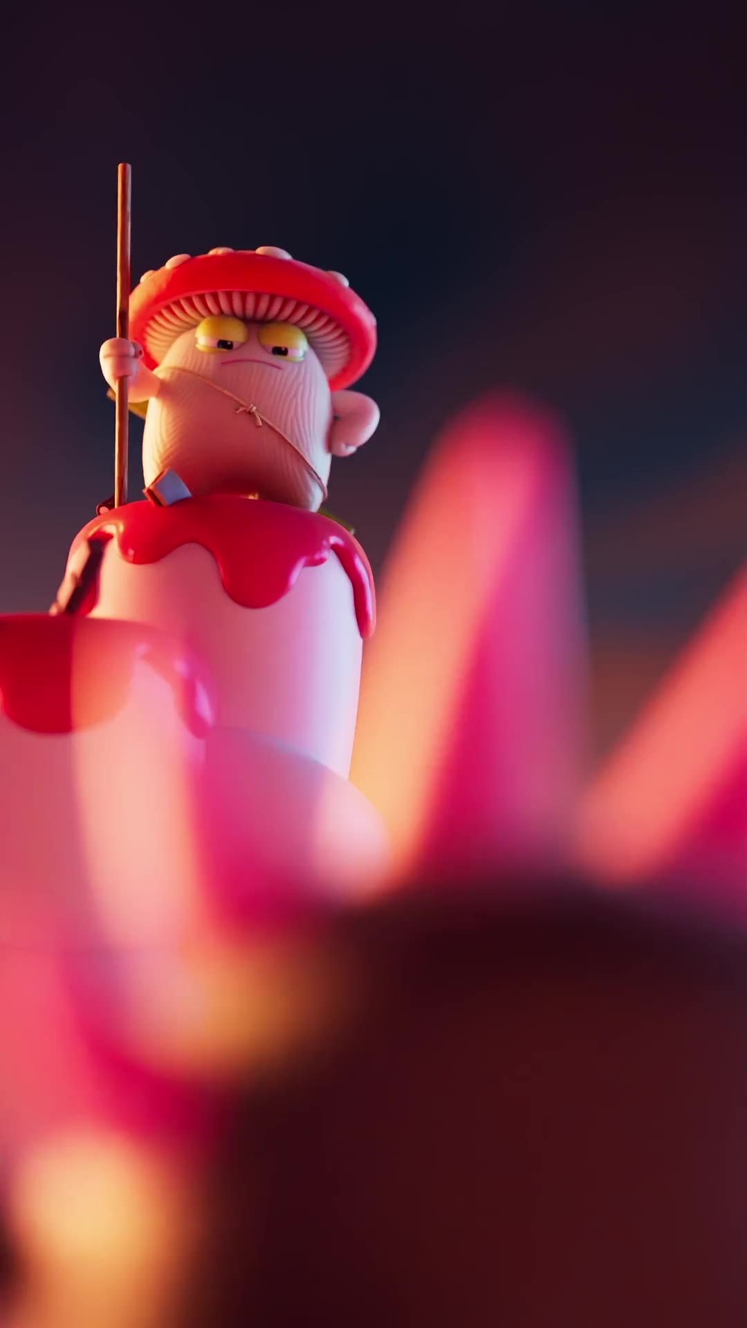 A grumpy Gloops character in a candy landscape