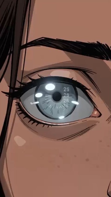 Close-up of the protagonist’s eye, drawn in an illustrated 2D style