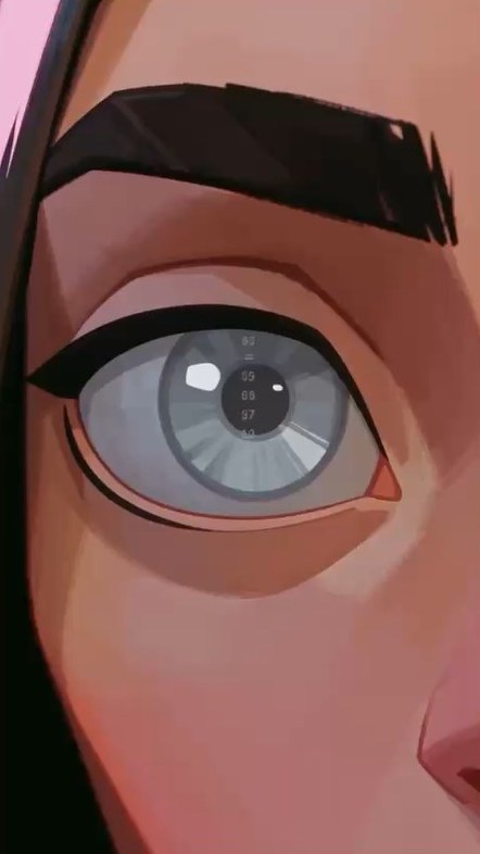 Close-up of the protagonist’s eye, rendered in a stylized 3D style