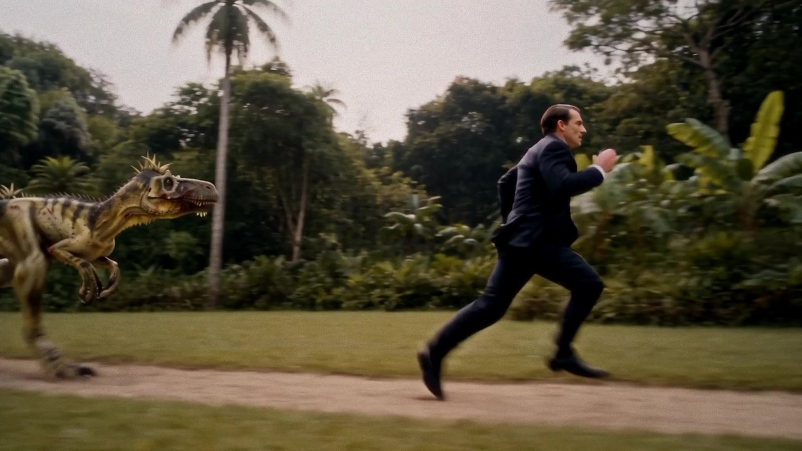 Still from the studio film: a man in a suit sprinting across a lawn, chased by a dinosaur